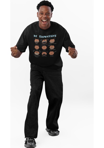 Unisex Be Expressive Baskılı Tişört, Oversize Kedili Duygular Temalı Bisiklet Yaka T-Shirt fiyatları