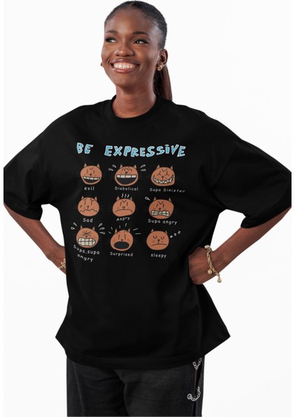 Unisex Be Expressive Baskılı Tişört, Oversize Kedili Duygular Temalı Bisiklet Yaka T-Shirt modelleri