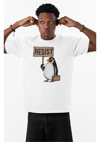 Unisex Resist Baskılı Tişört, Oversize Penguen Temalı Bisiklet Yaka T-Shirt fiyatları
