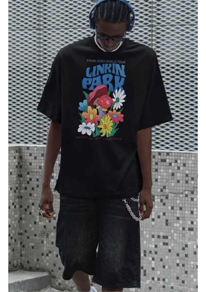 Unisex Renkli Linkin Park Baskılı Tişört, Oversize Rock Band Temalı Bisiklet Yaka T-Shirt