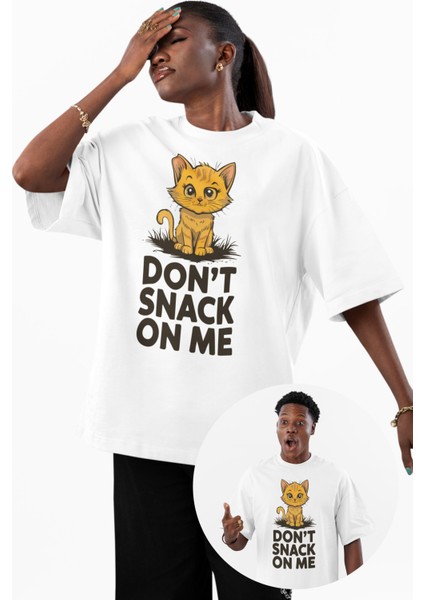 Unisex Dont Snack On Me Baskılı Tişört, Oversize Komik Kedi Temalı Bisiklet Yaka T-Shirt