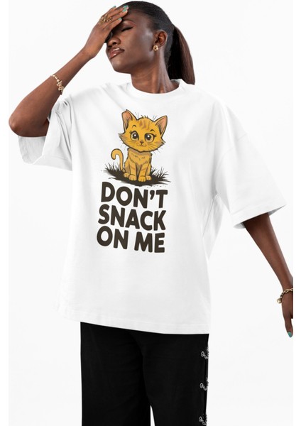 Unisex Dont Snack On Me Baskılı Tişört, Oversize Komik Kedi Temalı Bisiklet Yaka T-Shirt modelleri