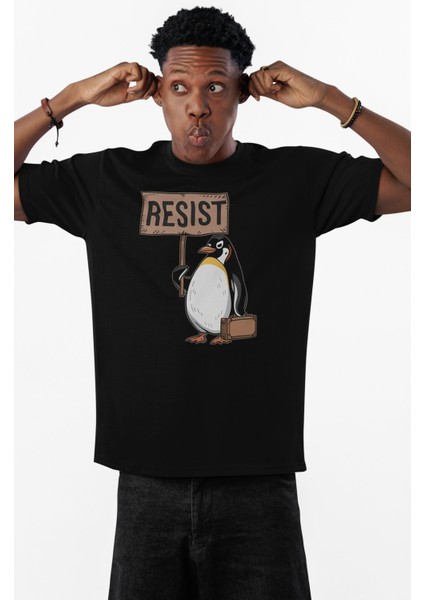 Unisex Resist Baskılı Tişört, Oversize Penguen Temalı Bisiklet Yaka T-Shirt fiyatları