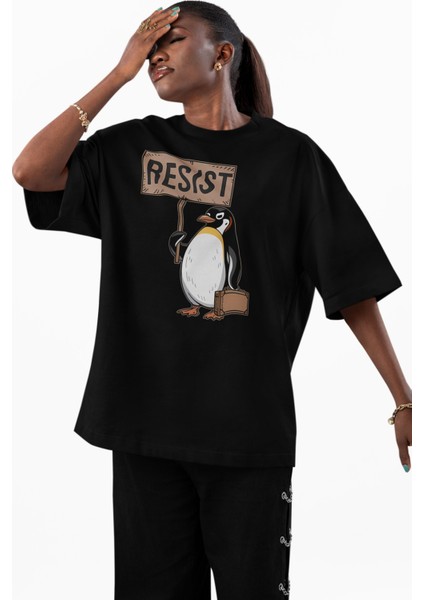 Unisex Resist Baskılı Tişört, Oversize Penguen Temalı Bisiklet Yaka T-Shirt modelleri