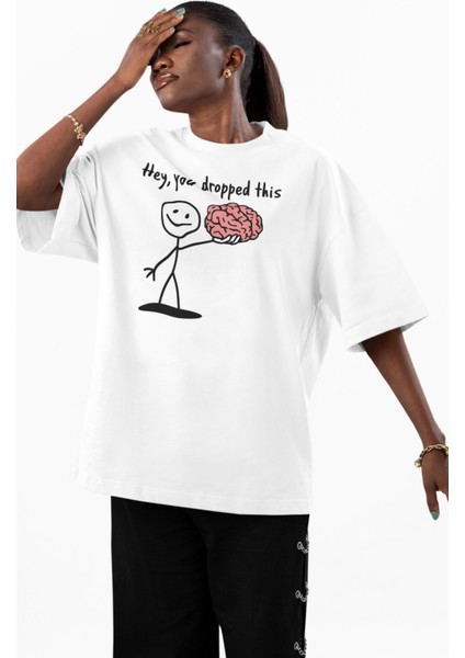 Unisex Hey You Dropped This Baskılı Tişört, Oversize Komik Beyin Temalı Bisiklet Yaka T-Shirt fiyatları