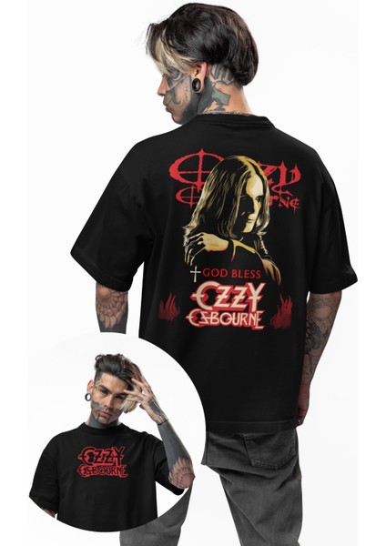 Unisex Ozzy Osbourne Sırt Baskılı Tişört, Oversize Rock Band Black Sabbath Temalı T-Shirt