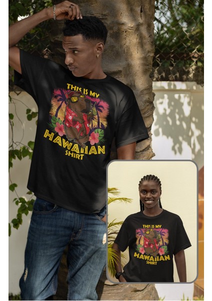 Unisex This Is My Hawaiian Shirt Yazılı Tişört, Oversize Capybara Temalı Bisiklet Yaka T-Shirt