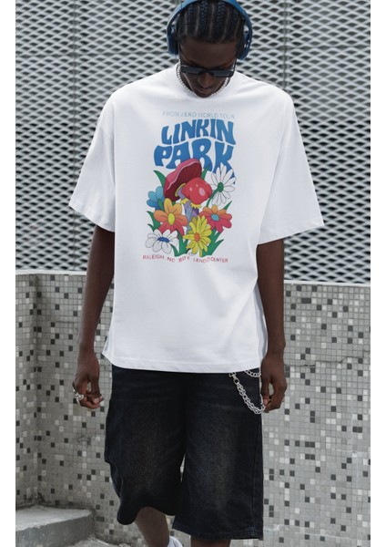 Unisex Renkli Linkin Park Baskılı Tişört, Oversize Rock Band Temalı Bisiklet Yaka T-Shirt