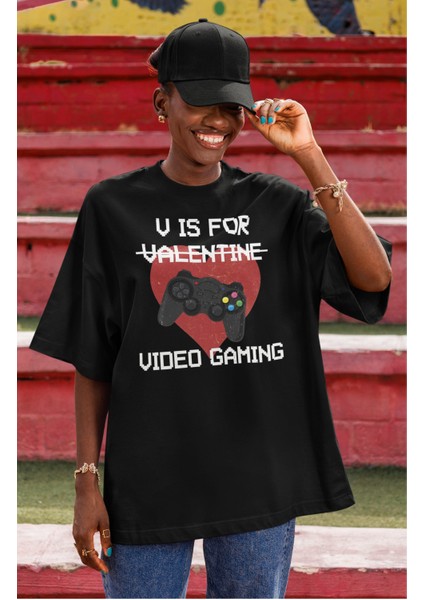 Unisex V Is For Video Gamig Baskılı Tişört, Oversize Komik Oyun Temalı Bisiklet Yaka T-Shirt fiyatları