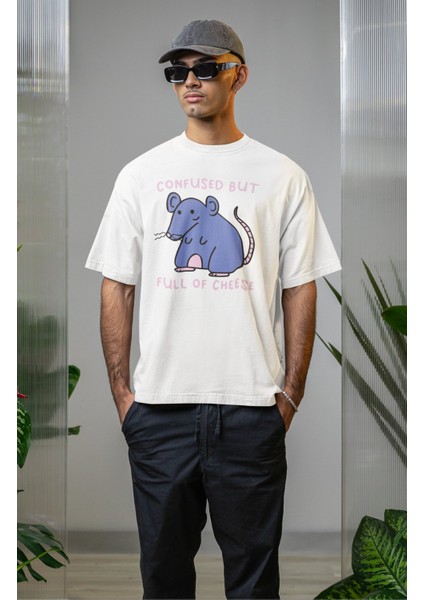 Unisex Confused But Full Of Cheese Baskılı Tişört, Oversize Komik Fare Temalı Bisiklet Yaka T-Shirt