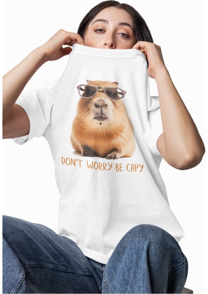 Unisex Dont Worry Be Capy Yazılı Tişört, Oversize Capybara Baskılı Bisiklet Yaka T-Shirt