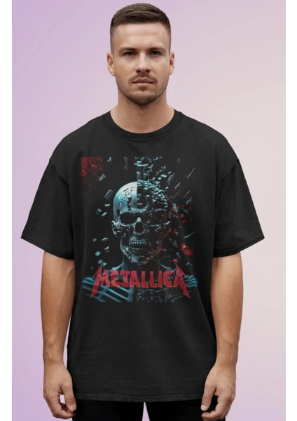 Unisex Metallica Versionx Baskılı Tişört, Oversize Rock Band Temalı Bisiklet Yaka T-Shirt
