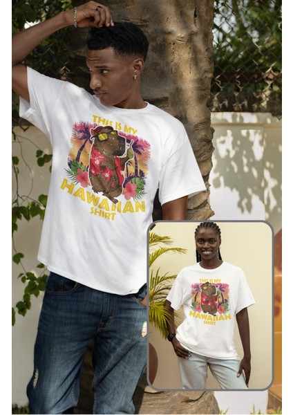 Unisex This Is My Hawaiian Shirt Yazılı Tişört, Oversize Capybara Temalı Bisiklet Yaka T-Shirt