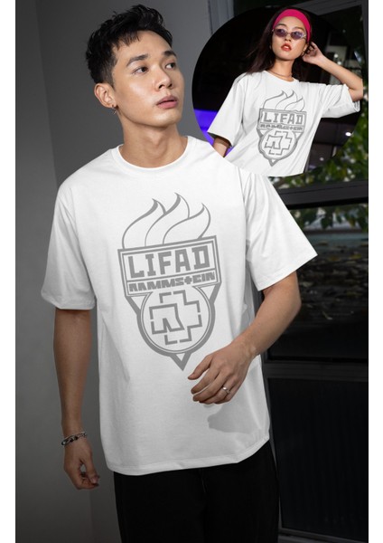 Unisex Rammstein Lifad Yazılı Tişört, Oversize Rock Band Albüm Temalı Bisiklet Yaka T-Shirt