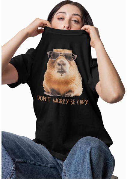 Unisex Dont Worry Be Capy Yazılı Tişört, Oversize Capybara Baskılı Bisiklet Yaka T-Shirt