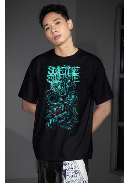 Unisex Suicide Silence Baskılı Tişört, Oversize Rock Band Temalı Bisiklet Yaka T-Shirt