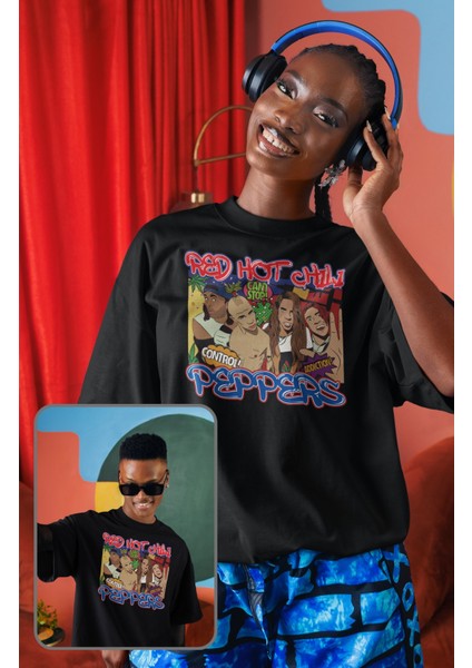 Unisex Red Hot Chili Peppers Yazılı Tişört, Oversize Rock Band Baskılı Bisiklet Yaka T-Shirt