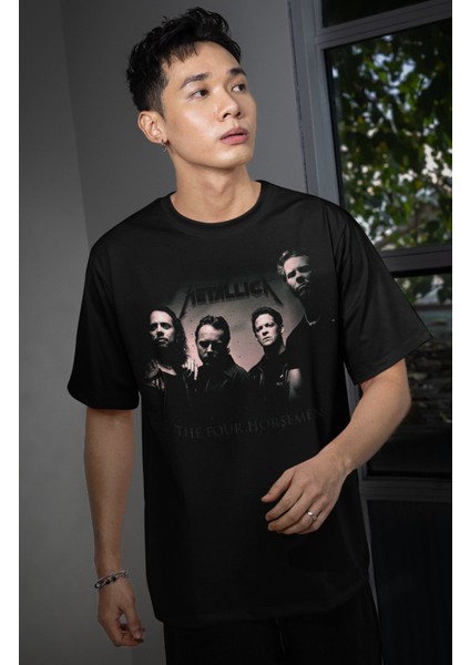 Unisex Metallica The Four Horsemen Yazılı Tişört, Oversize Rock Band Temalı Bisiklet Yaka T-Shirt fiyatları