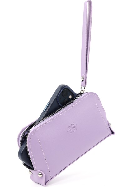 Lila SHK222 Suni Deri, Fermuarlı ,4 Bölmeli ,askılı Telefon Cüzdanı ve El Çantası