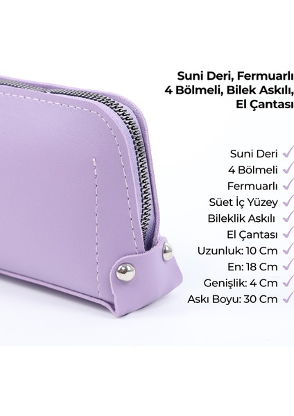Lila SHK222 Suni Deri, Fermuarlı ,4 Bölmeli ,askılı Telefon Cüzdanı ve El Çantası