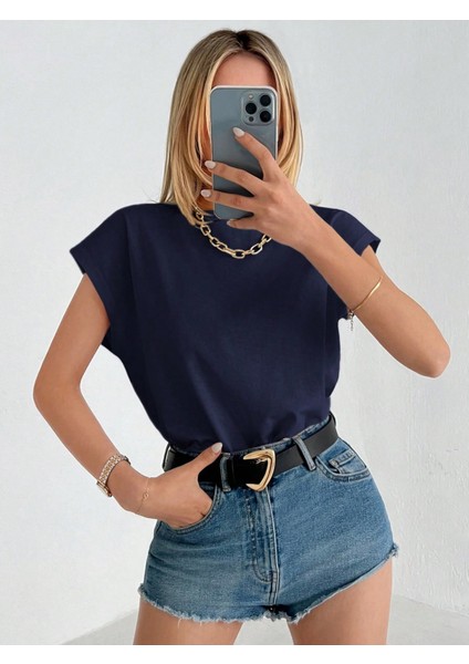 Kadın Lacivert Düşük Kol Pamuklu Örme T-Shirt