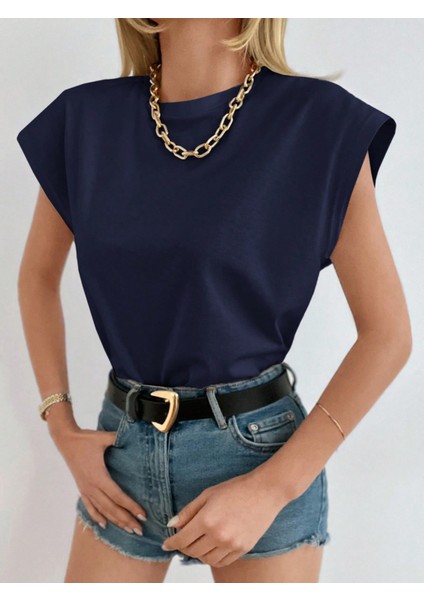 Kadın Lacivert Düşük Kol Pamuklu Örme T-Shirt modelleri