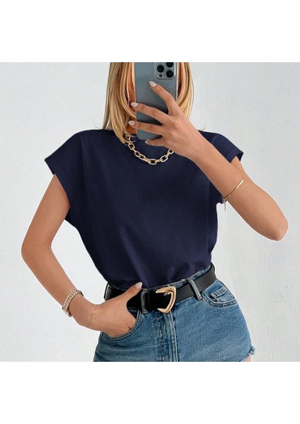 Kadın Lacivert Düşük Kol Pamuklu Örme T-Shirt fırsatları