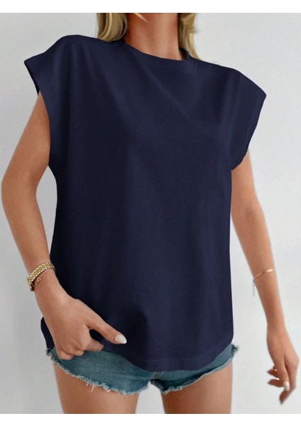 Kadın Lacivert Düşük Kol Pamuklu Örme T-Shirt indirimleri