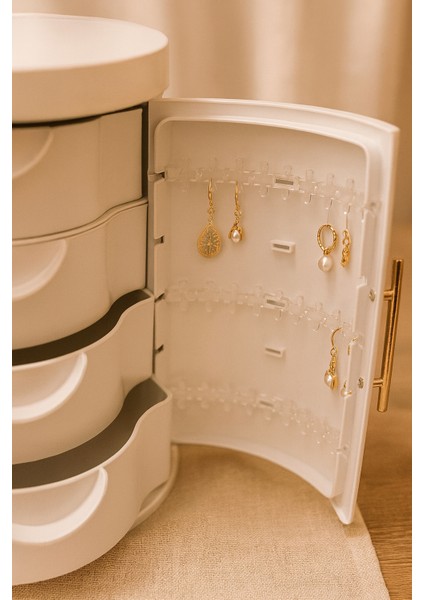 Gold Kulplu Beyaz Takı ve Bijuteri Organizeri – 4 Çekmeceli, Üst Bölmeli modelleri