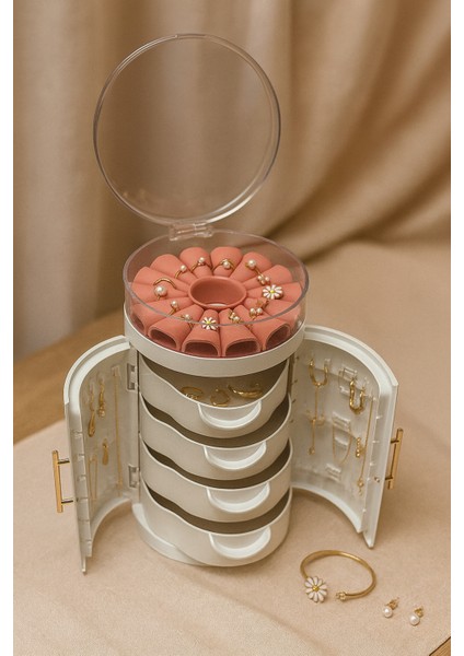 Gold Kulplu Beyaz Takı ve Bijuteri Organizeri – 4 Çekmeceli, Üst Bölmeli fırsatları