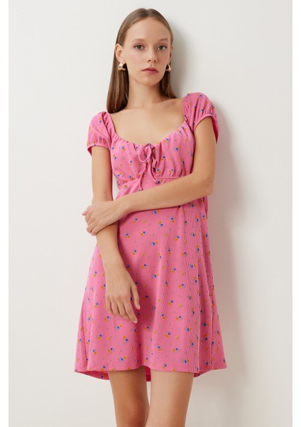Desenli Mini Örme Elbise LUB0167 Koyu Pembe fiyatları