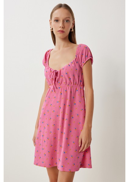 Desenli Mini Örme Elbise LUB0167 Koyu Pembe modelleri