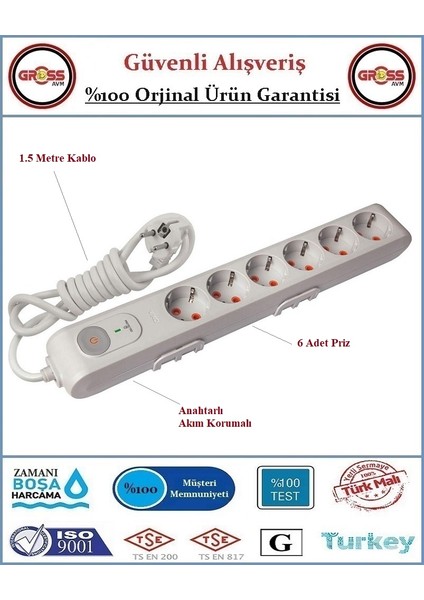 Akım, Şok Korumalı Anahtarlı Uzatma Grup Priz - 1,5 Metre