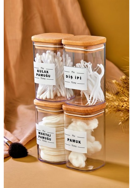 4'lü Ahşap Kapaklı Akrilik Diş Ipi, Kulak Pamuğu, Makyaj Pamuğu ve Pamuk Seti