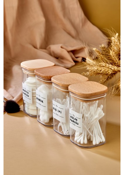 4'lü Ahşap Kapaklı Akrilik Diş Ipi, Kulak Pamuğu, Makyaj Pamuğu ve Pamuk Seti modelleri