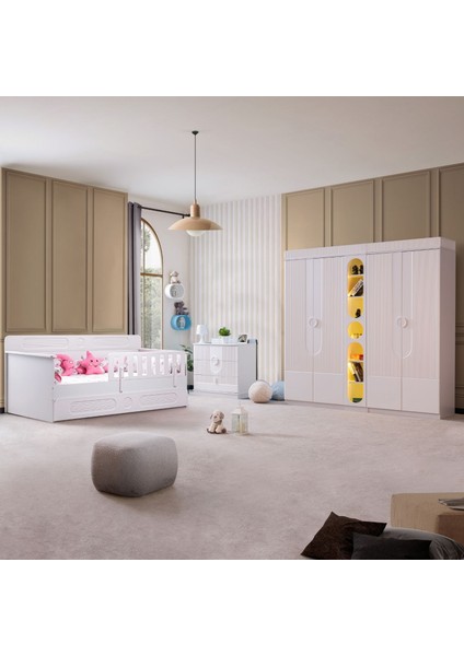 Flora Çocuk Odası Takımı, Flora Yavrulu Karyola, Vira 4 Kapaklı Dolap, Şifonyer, Kitaplık - Beyaz