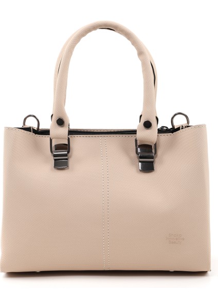 Krem SHK243 Suni Deri Fermuarlı 3 Bölmeli Ayarlanabilir Askılı El, Kol ve Omuz Çantası