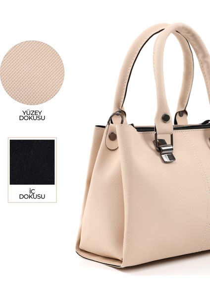 Krem SHK243 Suni Deri Fermuarlı 3 Bölmeli Ayarlanabilir Askılı El, Kol ve Omuz Çantası