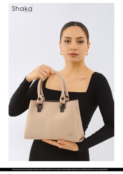 Krem SHK243 Suni Deri Fermuarlı 3 Bölmeli Ayarlanabilir Askılı El, Kol ve Omuz Çantası