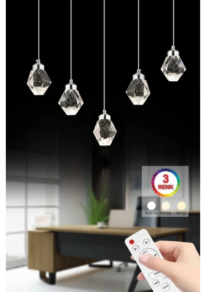Istanbul Avize Kabarcıklı Yemek Masası Liya 5'li Gümüş Kumandalı 3 Renk Ledli LED Avize