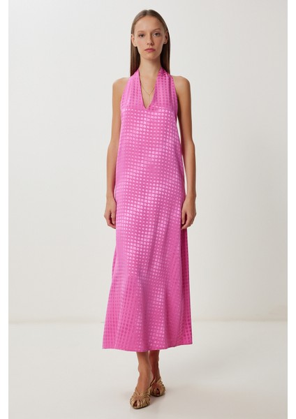 Desenli Saten Yüzeyli Elbise LFG0109 Koyu Pembe