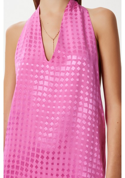 Desenli Saten Yüzeyli Elbise LFG0109 Koyu Pembe modelleri