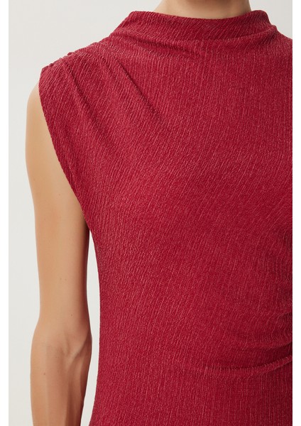 Büzgülü Midi Krinkıl Örme Elbise LUB0209 Bordo modelleri