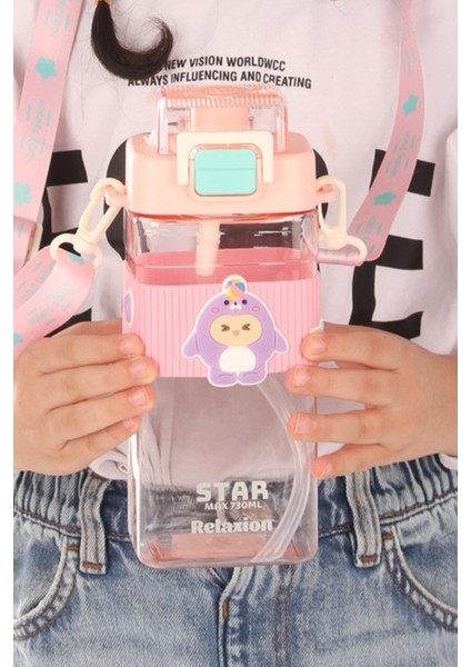 Dikdörtgen Yapıya Sahip Askılı Pipetli Suluk Matara 730 ml