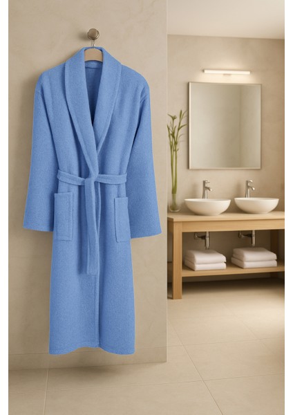 Unisex Büyük Beden Şalyaka Model Bornoz-Banyo-Sauna-Wellness Spa-Hamam-Pamuklu-3xl 4xl-Mavi