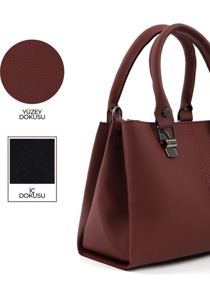 Bordo SHK243 Suni Deri Fermuarlı 3 Bölmeli Ayarlanabilir Askılı El, Kol ve Omuz Çantası