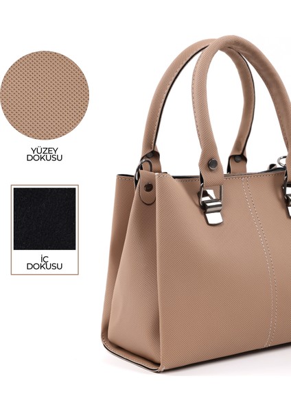 Vizon SHK243 Suni Deri Fermuarlı 3 Bölmeli Ayarlanabilir Askılı El, Kol ve Omuz Çantası