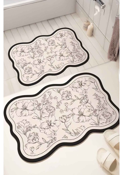 Kaymaz Yıkanabilir Modern Banyo Paspası Çiftli Set 40X60 + 60X90 cm Bej