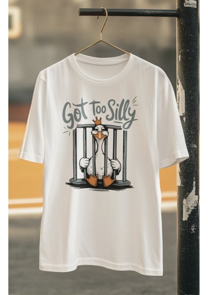 Unisex Got Too Silly Yazılı Tişört, Oversize Komik Kaz Baskılı Bisiklet Yaka T-Shirt fiyatları
