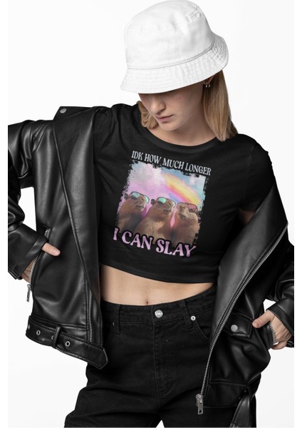 I Can Slay Yazılı Crop Top, Kadın Capybara Baskılı Crop Bluz